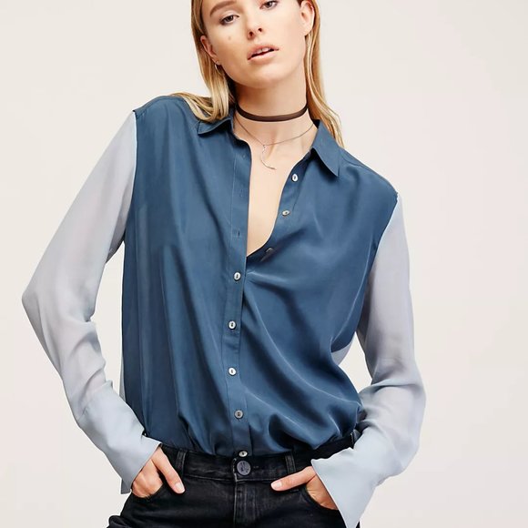 Free People I Got You Silk Buttondown - Navy/Sheer - S - Picture 1 of 15